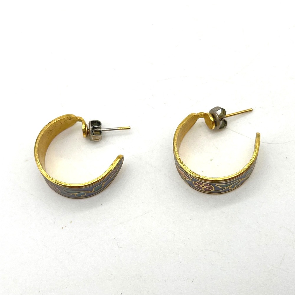 Vintage Cloisonne Enamel Floral Butterfly Hoop Earrings Gold Tone Navy Blue - Picture 3 of 8